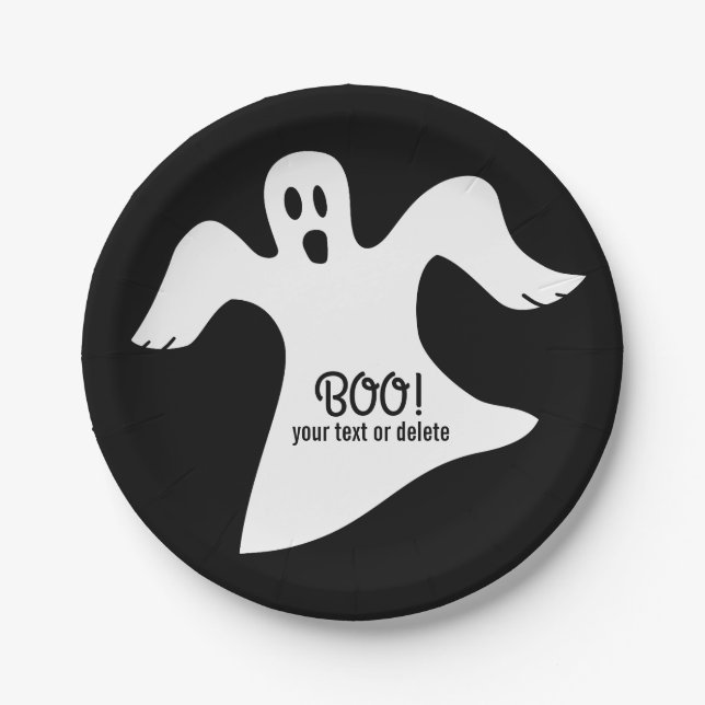 Spooky Halloween White Ghost Saying BOO! Paper Plate (Front)