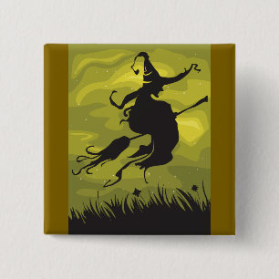 Spooky Halloween Witch Flying on Broomstick 15 Cm Square Badge
