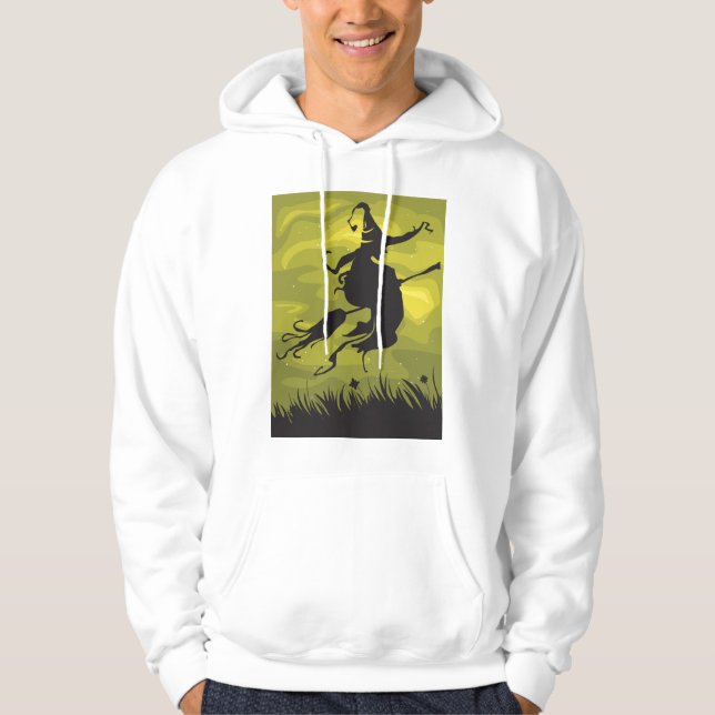 Spooky Halloween Witch Flying on Broomstick Hoodie (Front)