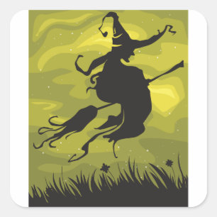 Spooky Halloween Witch Flying on Broomstick Square Sticker