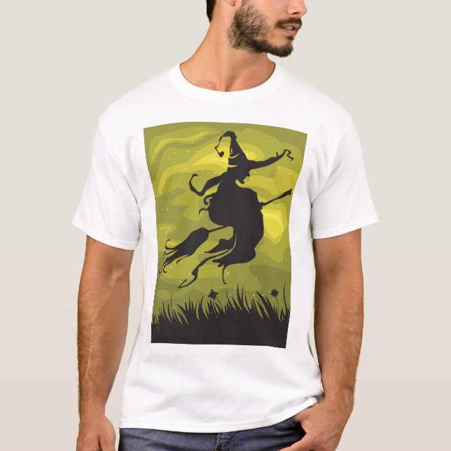 Spooky Halloween Witch Flying on Broomstick T-Shirt (Front)