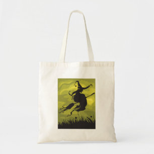 Spooky Halloween Witch Flying on Broomstick Tote Bag
