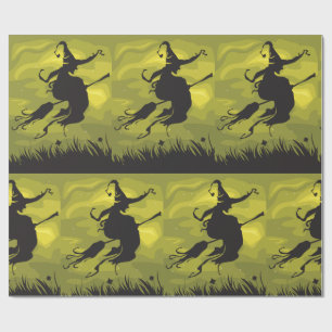 Spooky Halloween Witch Flying on Broomstick Wrapping Paper
