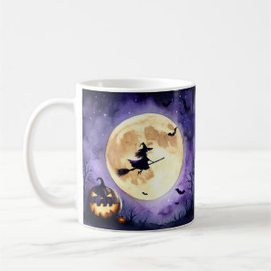 Spooky Halloween Witch Flying Over Full Moon Coffee Mug