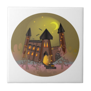 Spooky Halloween witch house and vampires castle Ceramic Tile