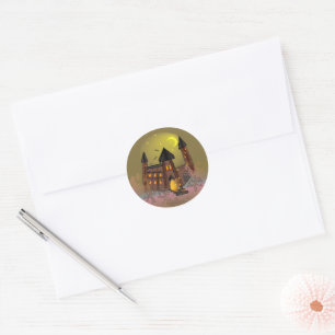 Spooky Halloween witch house and vampires castle Classic Round Sticker