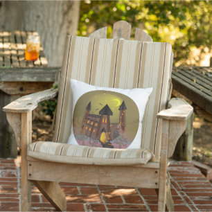 Spooky Halloween witch house and vampires castle Cushion