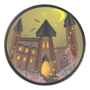 Spooky Halloween witch house and vampires castle Hockey Puck
