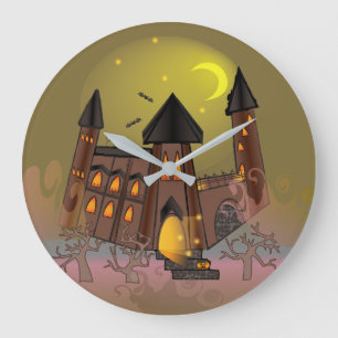 Spooky Halloween witch house and vampires castle Large Clock