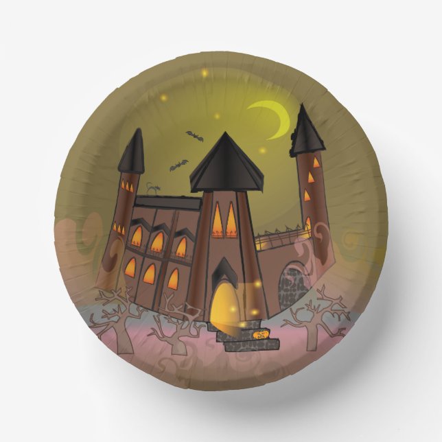 Spooky Halloween witch house and vampires castle  Paper Plate (Front)