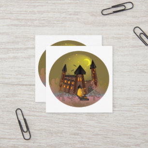 Spooky Halloween witch house and vampires castle Square Business Card