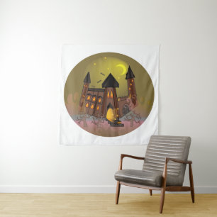 Spooky Halloween witch house and vampires castle Tapestry