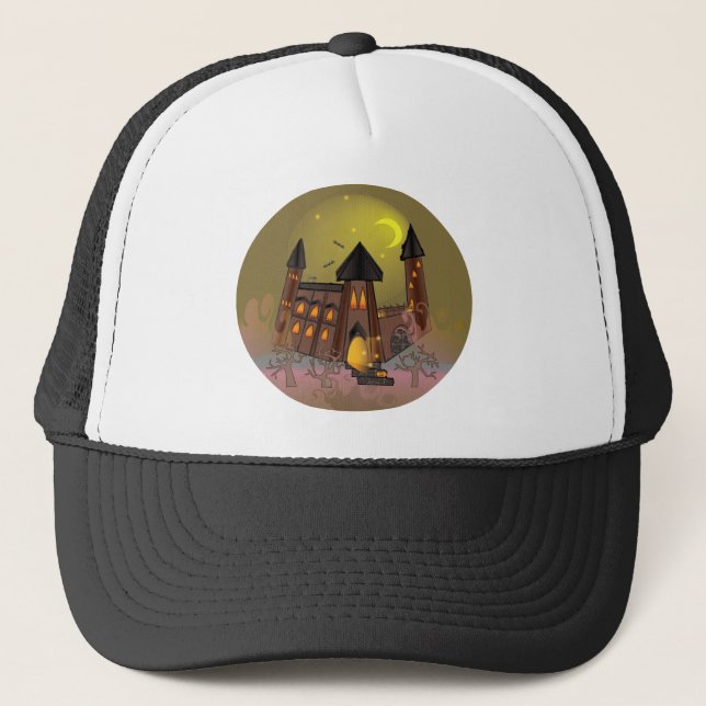 Spooky Halloween witch house and vampires castle  Trucker Hat (Front)