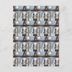 SPOOKY HALLOWEEN WITCH, WEARING BLACK CAT JEWELERY POSTCARD