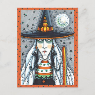 SPOOKY HALLOWEEN WITCH, WEARING BLACK CAT JEWELERY POSTCARD