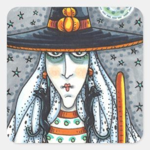 SPOOKY HALLOWEEN WITCH, WEARING BLACK CAT JEWELERY SQUARE STICKER