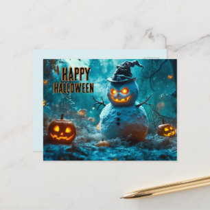 Spooky Halloween with Evil Snowman, Pumpkin Holiday Postcard