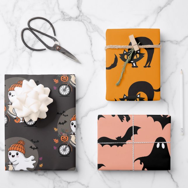 Spooky-Halloween Wrapping Paper Flat Sheet-3 sets (Front)