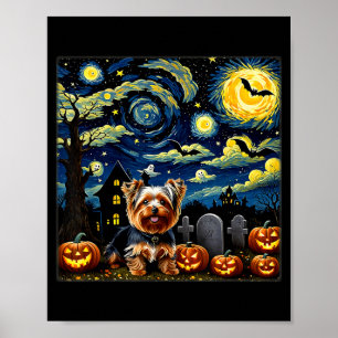 Spooky Halloween Yorkie Dog Starry Night Poster