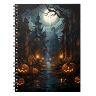 Spooky Haloween Pumpkins In Scary Old Town Notebook