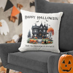 Spooky Happy Halloween Cushion<br><div class="desc">Add a spooky yet charming touch to your Halloween decor with this fun and festive throw pillow. Featuring a simple black and white design, the pillow showcases a haunted house with orange accents from pumpkins, jack-o-lanterns, and a creepy tree. Playful ghost and bat illustrations complete the eerie look, while a...</div>