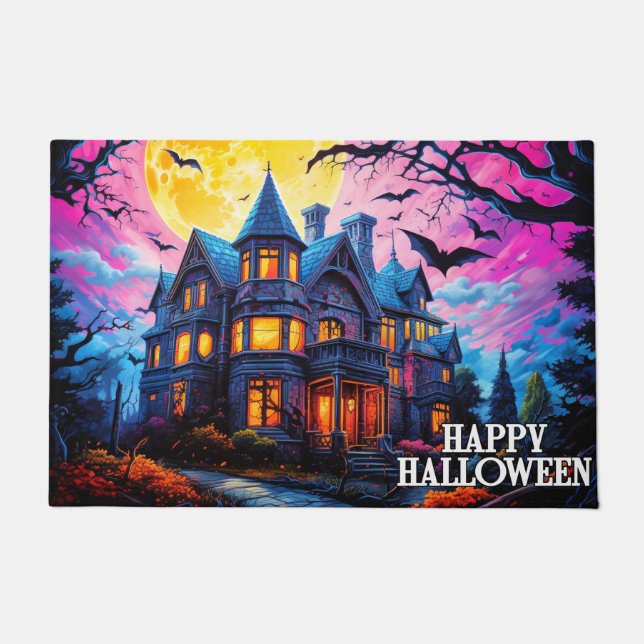 Spooky Happy Halloween Haunted House Doormat (Front)