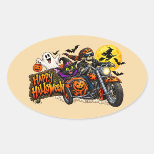 Spooky Happy Halloween Motorcycle Skeleton Biker Oval Sticker