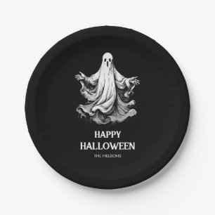 Spooky Happy Halloween with black and white ghost Paper Plate