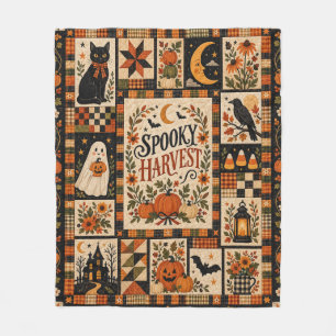 Spooky Harvest Vintage Halloween Patchwork Fleece Blanket