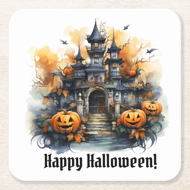 Spooky Haunted Castle Halloween Paper Coaster (Front)