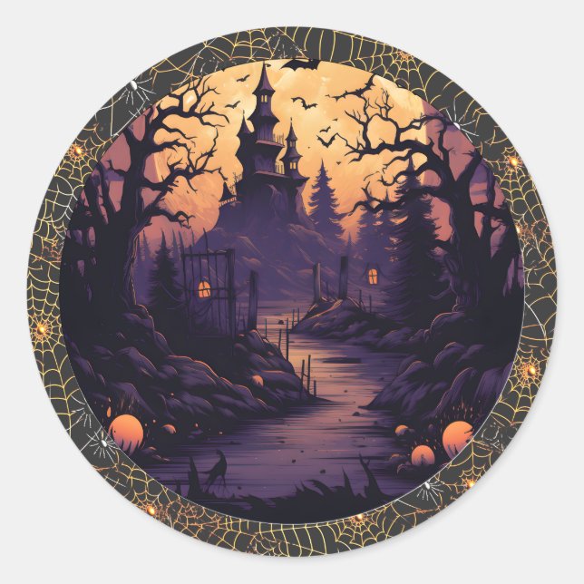 Spooky Haunted Castle Halloween Round Sticker (Front)