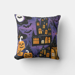 Spooky Haunted Castle Jack-O-Lantern Halloween Cushion