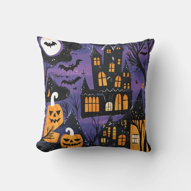 Spooky Haunted Castle Jack-O-Lantern Halloween Cushion (Front)