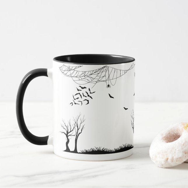 Spooky Haunted Forest Halloween Bats & Spiders Mug (With Donut)