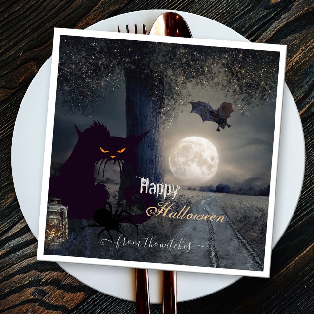 Spooky Haunted Halloween Black Cat Paper  Napkin (Happy Haunted Halloween napkins with a night scene with black cat, spider and bat at full moon)