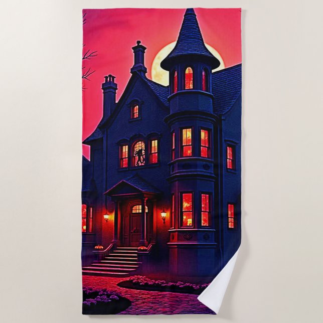 Spooky Haunted House at Dusk Design Beach Towel (Front)
