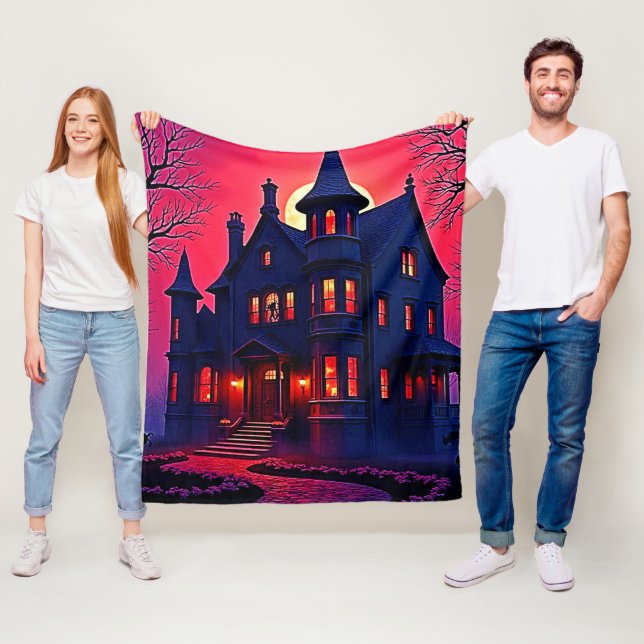 Spooky Haunted House at Dusk Design Fleece Blanket (In Situ)