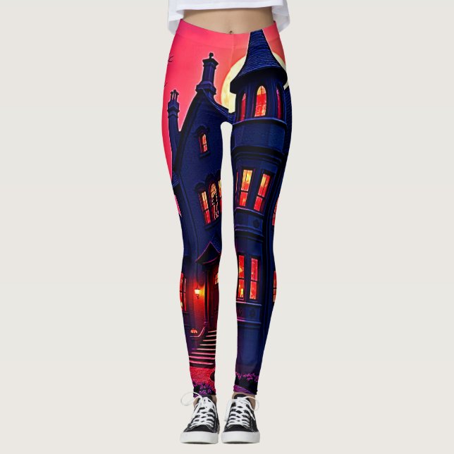 Spooky Haunted House at Dusk Design Leggings (Front)