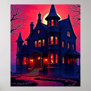 Spooky Haunted House at Dusk Design Poster