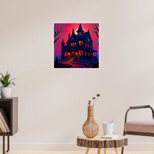 Spooky Haunted House at Dusk Design Poster