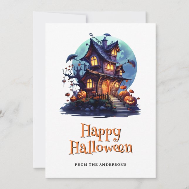 Spooky Haunted House Ghost Pumpkins Halloween Card (Front)