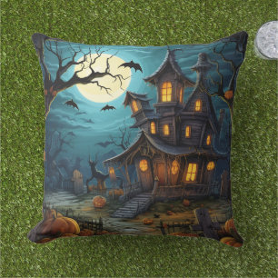 Spooky Haunted House Halloween Autumn Decor Design Cushion