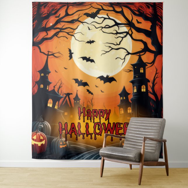 Spooky Haunted House Halloween Party Backdrop Tapestry (In Situ)