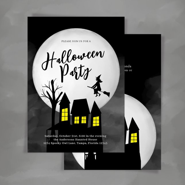 Spooky Haunted House Halloween Party Custom Invitation (Halloween party Invitation with spooky haunted house and flying witch.)