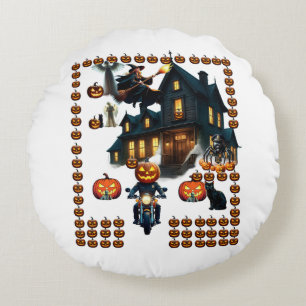 Spooky Haunted House Halloween Pumpkin Biker Round Cushion