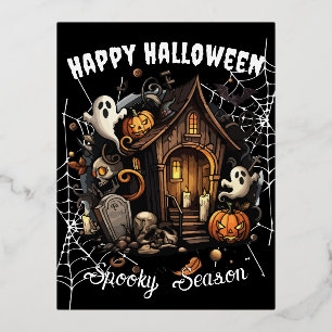 🎃 Spooky Haunted House Postcard - BLACK 👻🕷️