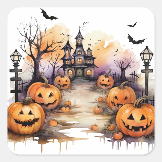 Spooky Haunted House Pumpkins Halloween  Square Sticker (Front)