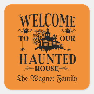 Spooky haunted house welcome add name square sticker