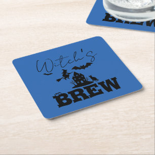 Spooky Haunted House & Witch Silhouette    Square Paper Coaster