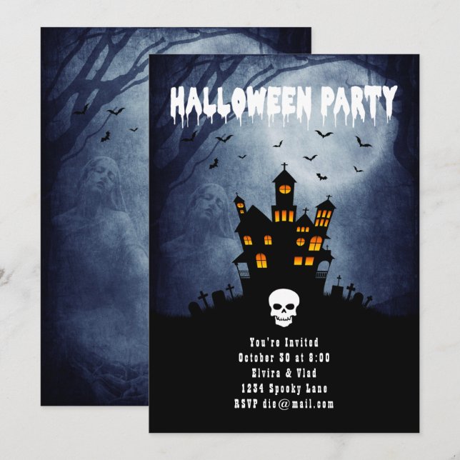 Spooky Haunted House with Blue Ghost Invitation (Front/Back)